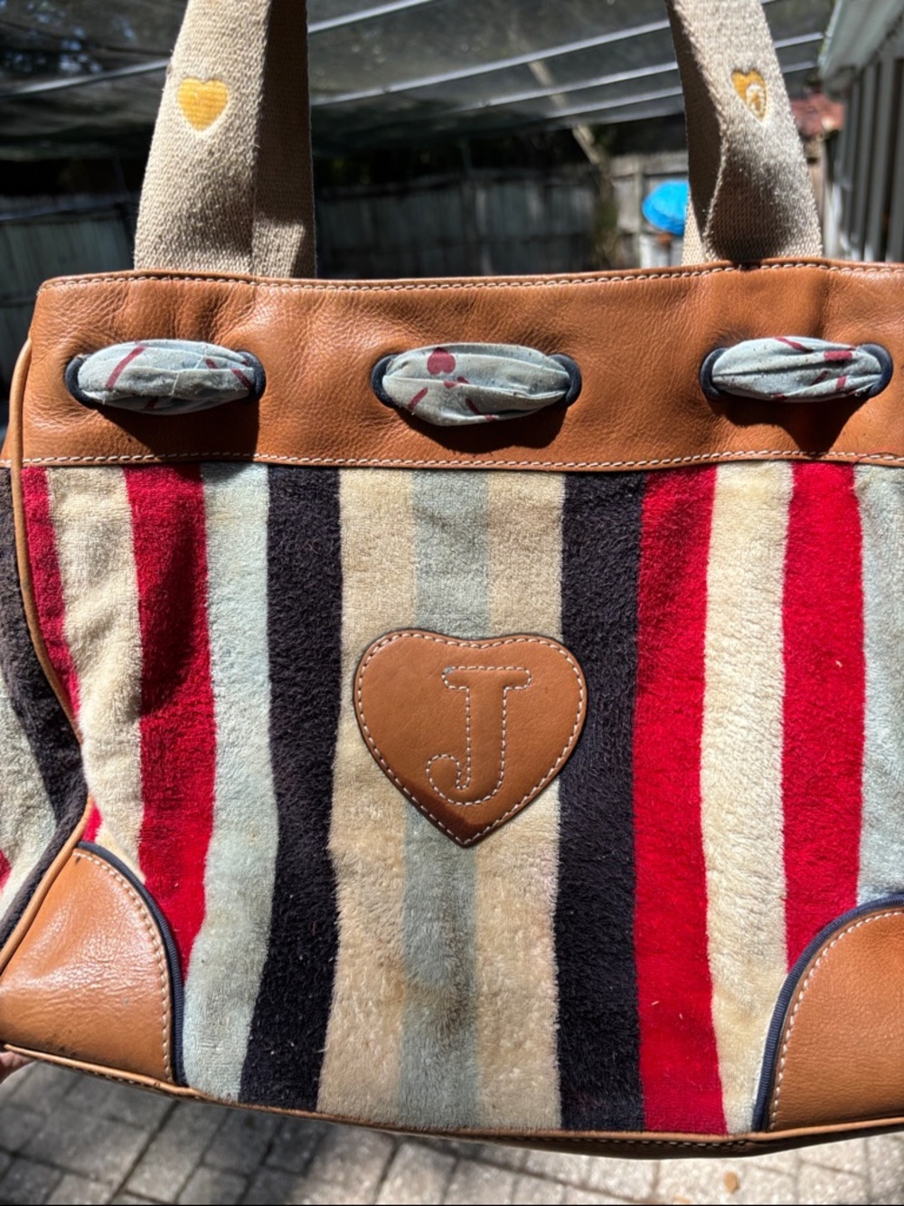 Juicy Couture Tan and Blue Drawstring Tote with Patterned Lining